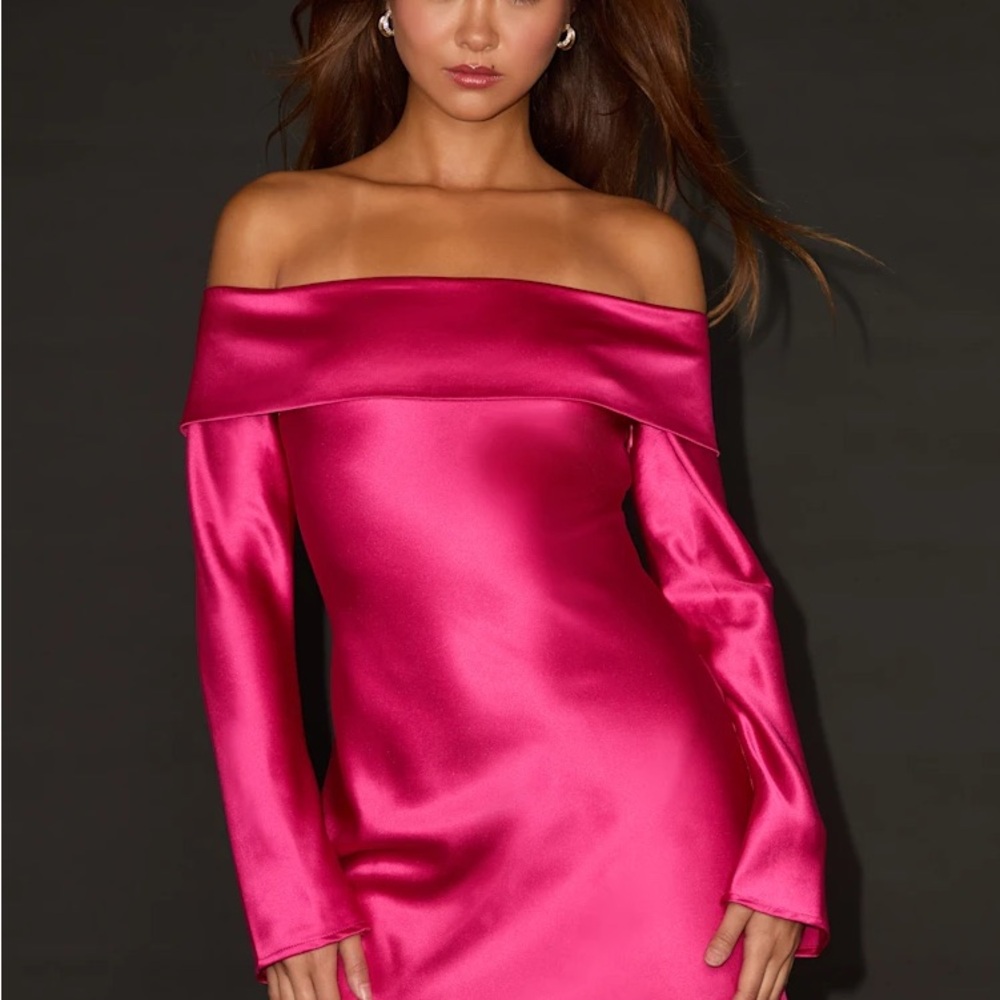 Lulu's Luxurious Vision Berry Pink Satin Off-the-Shoulder Mini Dress